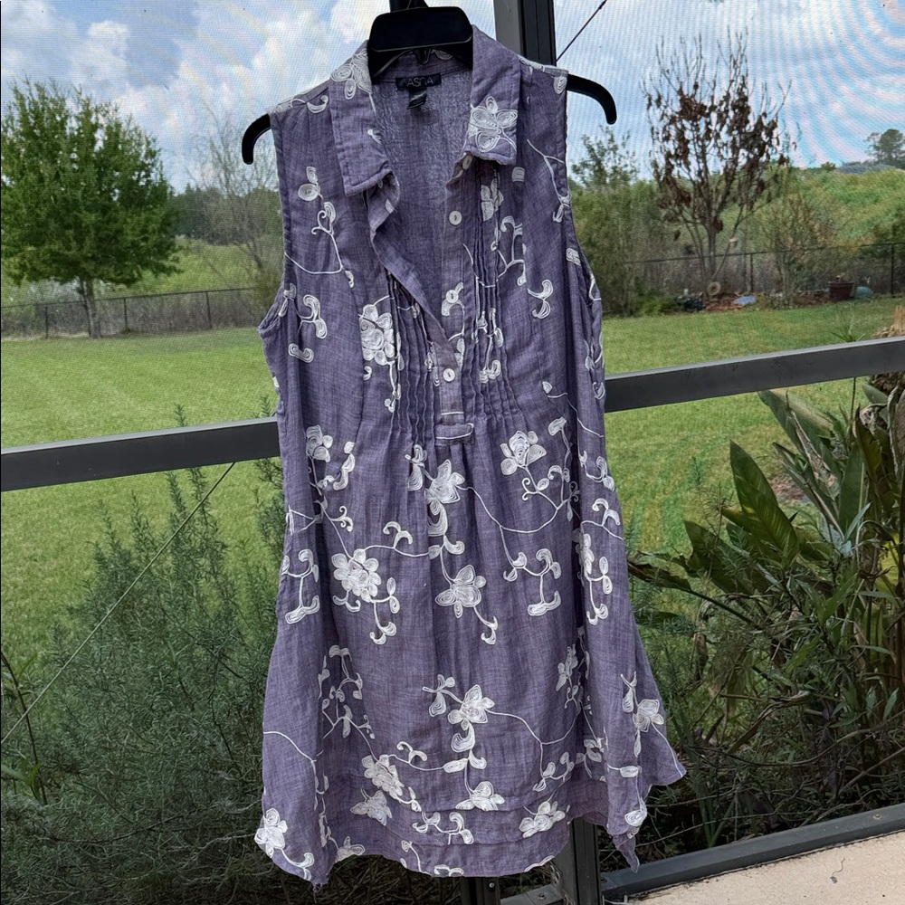 Linen Sleeveless Lavender Embroidered Midi Dress button up front Casual